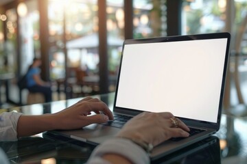 The mockup image shows a blank screen computer with a white background for advertising text, with a woman wearing a laptop and searching business information at a coffee shop desk. Marketing and