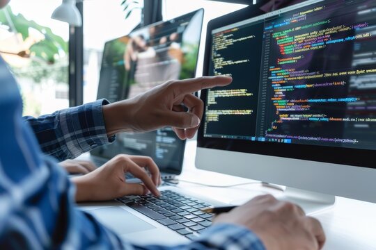 Coding data code, programming with HTML, PHP, and JavaScript on a desktop computer at a company by two professional coders