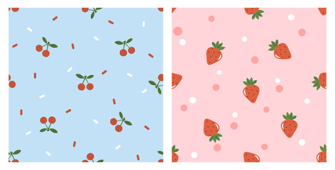 Seamless pattern of cherry fruit and strawberry with green leaves on blue and pink backgrounds vector. Cute fruit print.