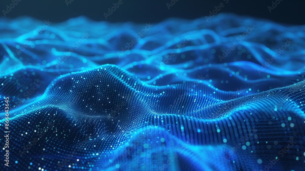 Poster an abstract blue background with falling cyber particles. a big data stream rendered in 3d.