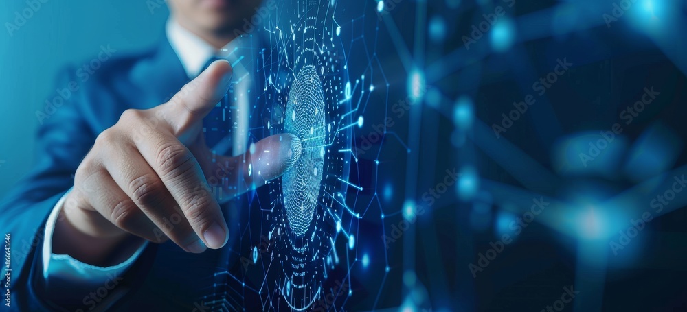 Poster a businessman has used fingerprint identification to access personal financial data. he has develope
