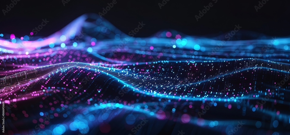 Poster information waves and blockchain 3d illustration. neural networks and stock. abstract technological 