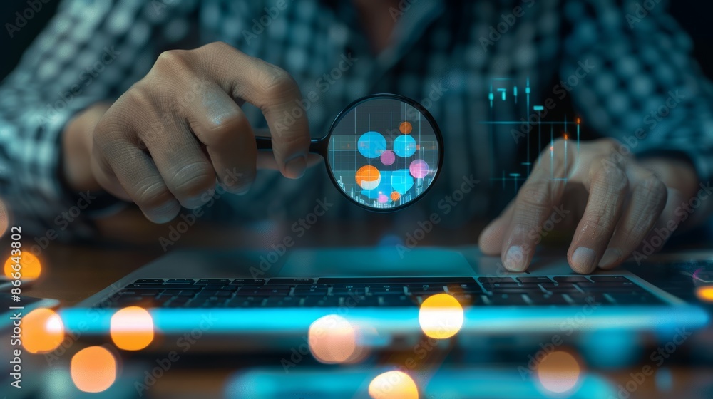 Poster in the image, the hands of a man are using a computer keyboard to search for information. you can us