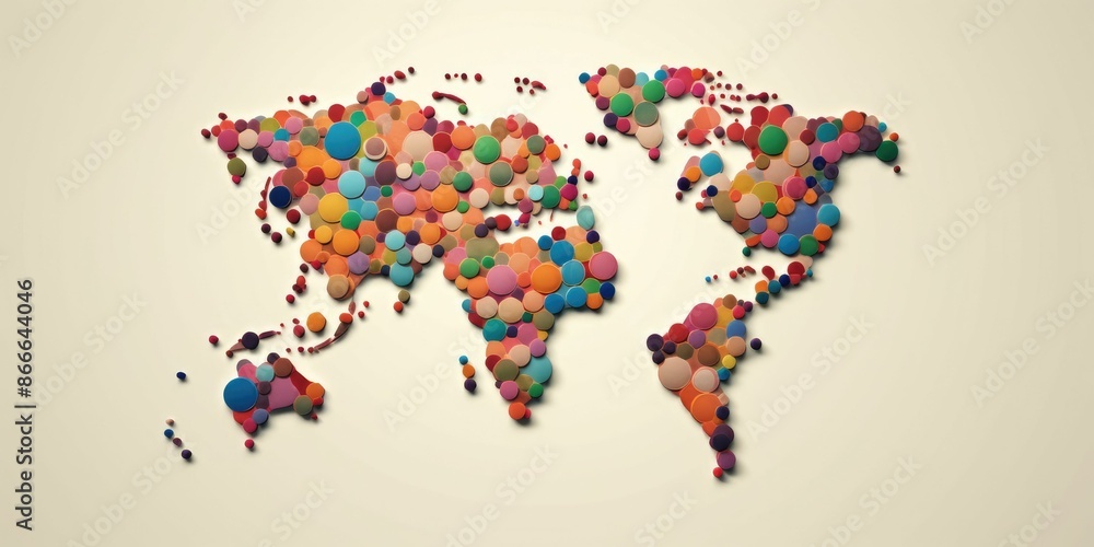 Poster stylized world map composed of multicolored circles on a white background with a modern artistic tou