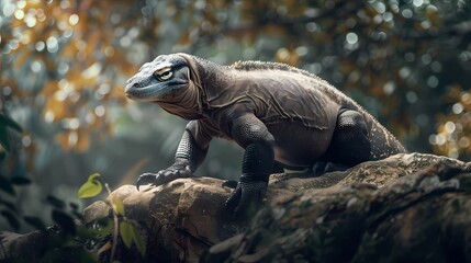 Obraz premium realistic animal photography of komodo standing on a rock mountain