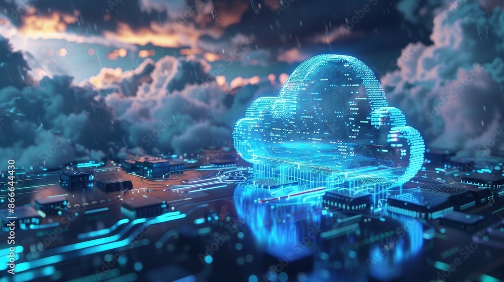 Poster information technology web futuristic hologram, blue golden light digits and code background, cloud 