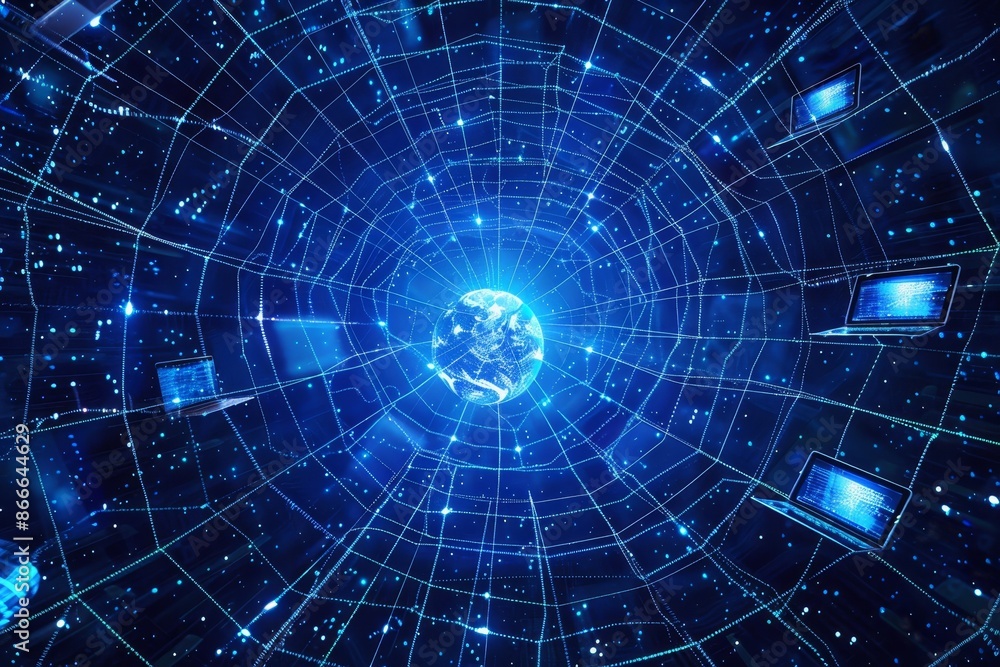 Poster hi-res digitally generated image of global computer network.