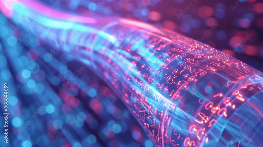 Poster three-dimensional illustration showing optical fiber cable with binary codes.