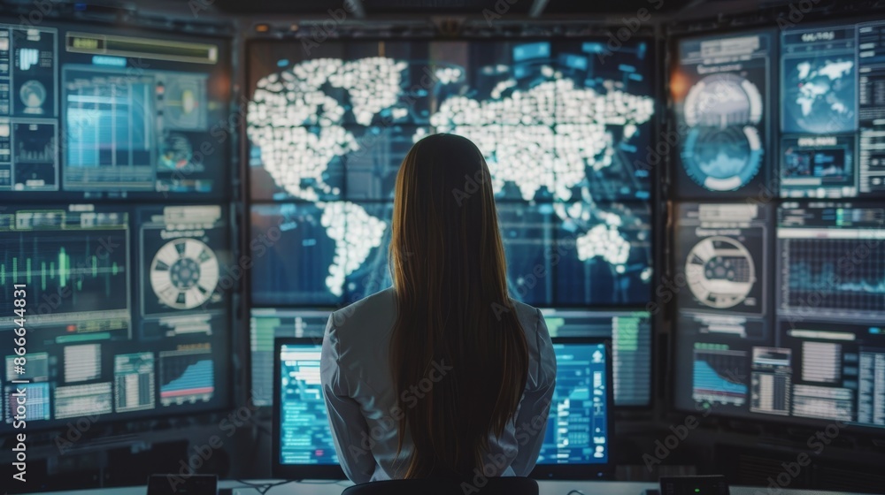 Poster technical operator monitors several display screens with graphs showing various activities. administ