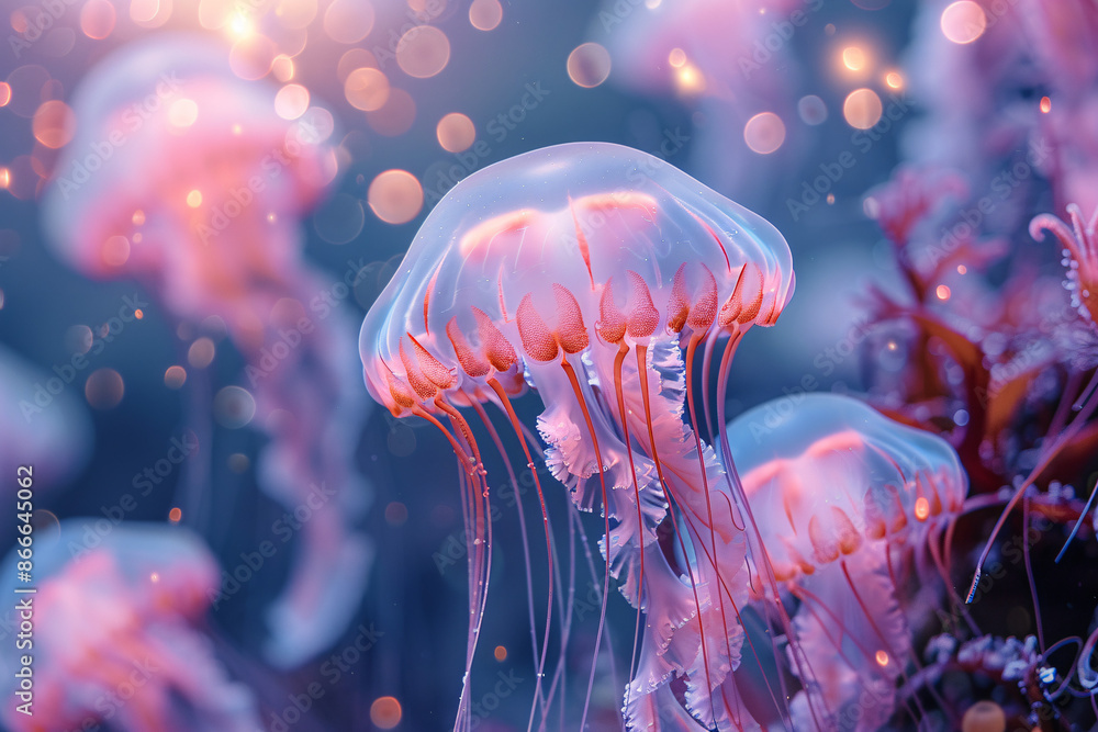 Poster ethereal jellyfish with delicate tentacles float in a surreal underwater scene, illuminated by soft 