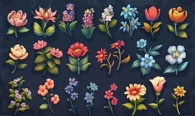 Handpainted Cute Flowers, Tabletop Game Props Full Page Grid Sprite Sheet