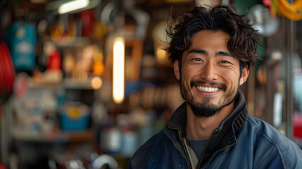 Mechanic Asian man fixing repairing car engine automobile vehicle parts examining screwing using tools wrench equipment working hard in workshop garage support and service in overall work uniform