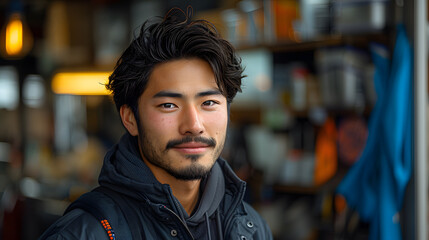 Mechanic Asian man fixing repairing car engine automobile vehicle parts examining screwing using tools wrench equipment working hard in workshop garage support and service in overall work uniform