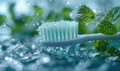 Electric toothbrush for dental care and oral hygiene, featuring water splashes and mint fresh breath leaves. Ample copy space provided.