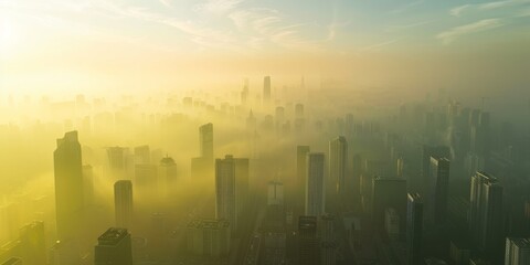 Fototapeta premium Panoramic View of a Foggy Cityscape at Sunrise with Modern Skyscrapers