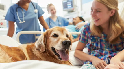 Therapy Dog with Hospitalized Child and Nurses