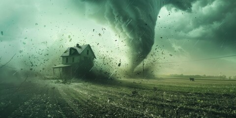 Dramatic Tornado Approaching Abandoned House in a Rural Field During Storm