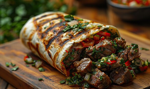 Hot and ready to serve, fresh grilled donner or shawarma beef wrap roll with ample space for copy.