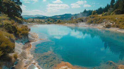 Fototapeta premium beautiful hot spring lake surrounded by mountains