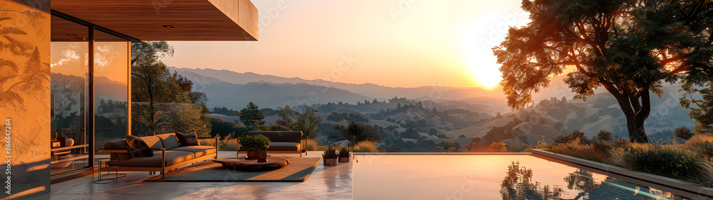 Wall mural elegant pool in the hills with green grass and a beautiful view. a wooden terrace overlooks a mounta