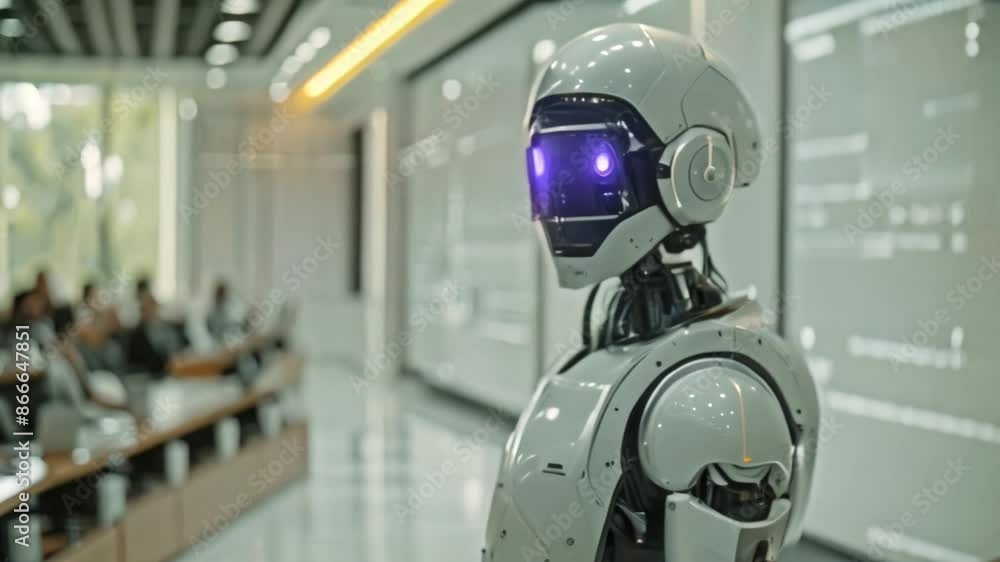 Poster a humanoid robot stands in a conference room, addressing an audience of people sitting in the rows o