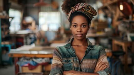Obraz premium Afro American craftswoman focused on her craft in a workshop setting, illustrating dedication and creativity in artisanal work.