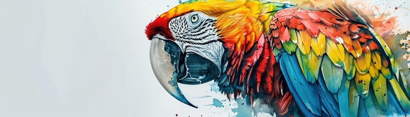 Obraz premium Close-up watercolor illustration of a vibrant parrot, showcasing its bright, bold colors and intricate feather details, capturing the essence of tropical beauty and liveliness
