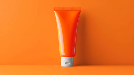 Cosmetic skincare lotion tube on a bright orange sunny background. Sun lotion packaging mock up template