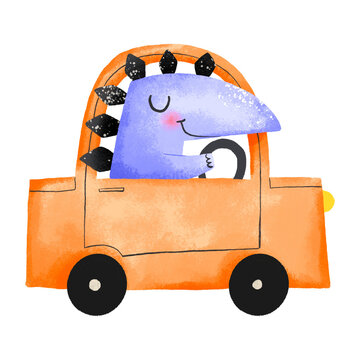 cute blue dinosaur driving orange car clip art preview