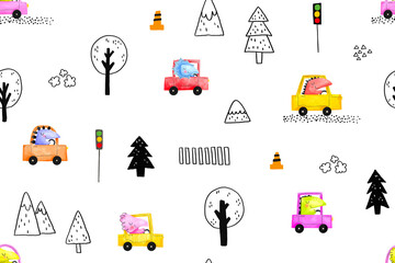 Seamless pattern with hand drawn watercolor dinosaur drivers driving a car. Dinosaur Driver on the road. Road traffic. Children's background