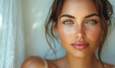 Her pose elegant and serene, the beautiful female with radiant skin exudes grace and tranquility.