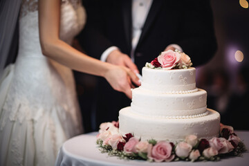 Freshly married couple cutting wedding cake
