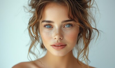 Radiant young woman boasts elegant hair and a beautiful skin.