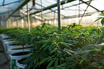 Obraz premium commercial processing of medical cannabis marijuana leafs in growing plant greenhouse