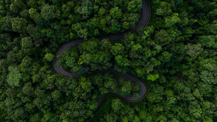 Aerial view asphalt road on green forest, Curve asphalt road on mountain green forest, Countryside...