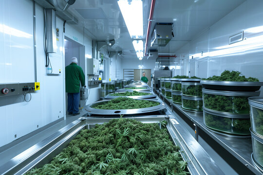 commercial processing of medical cannabis marijuana leafs in growing plant greenhouse