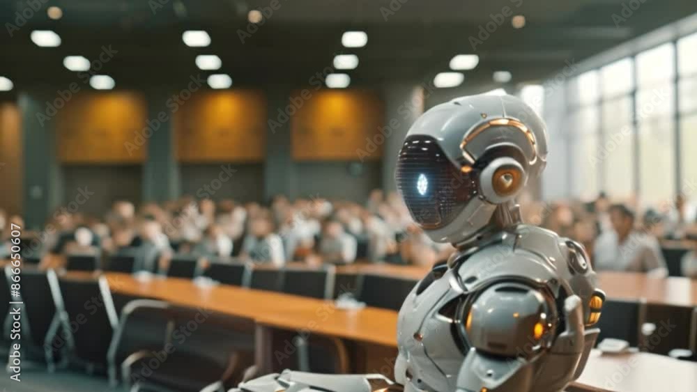 Aufkleber A white robot sits in the audience at a conference, facing forward and looking at the speaker. The robot is in a conference room with chairs and tables.