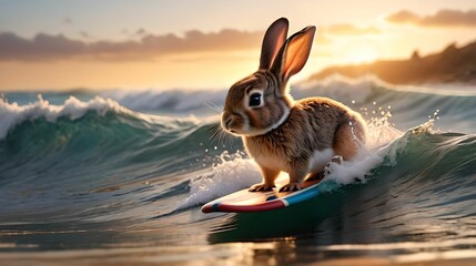 A rabbit rides the waves on a surfboard.