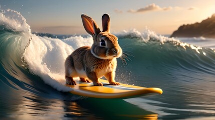 A rabbit rides the waves on a surfboard.
