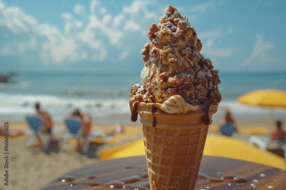 Sticker ice cream on the beach