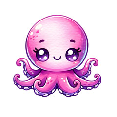 Naklejka premium Cute cartoon octopus with a smiling face and spread-out tentacles, ideal for children's illustrations and marine-themed decor.