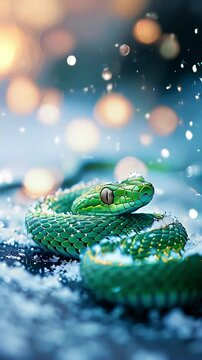 Video of green snake 2025 symbol is curled up in the snow. Zodiac sign according to the Chinese horoscope.