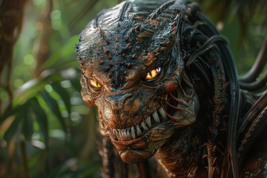 Close-up of an alien predator with glowing yellow eyes, detailed scales, and fierce expression, set against a lush, jungle background, emanating an aura of danger.


