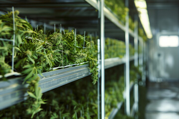 commercial processing of medical cannabis marijuana leafs in growing plant greenhouse