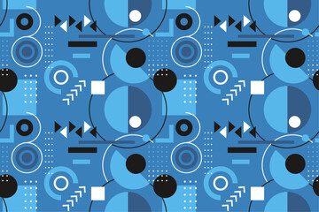 Obraz premium Abstract geometric background, triangles, circles and other shapes. Atypical and stylish seamless vector pattern. Blue color.