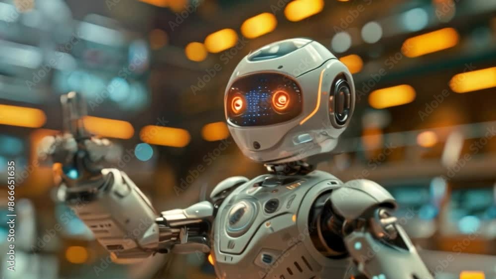 Poster a white robot with glowing blue eyes points its index finger, standing in a futuristic industrial se