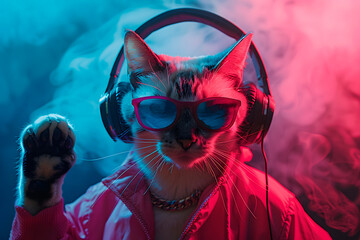 Surreal or fantasy portrait of a cat wearing a pink jacket, sunglasses and headphones with an abstract background of colorful smoke. Generative Ai.	