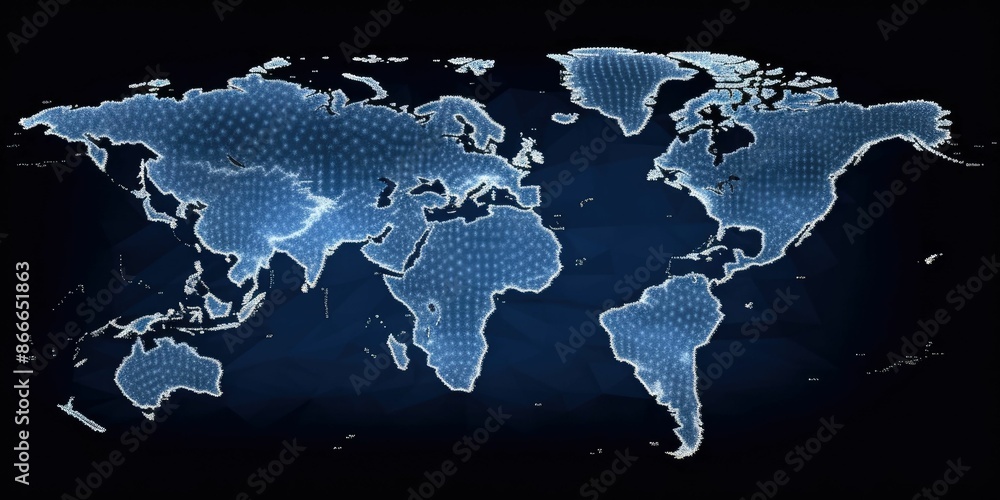 Poster glowing digital world map on a dark background with sparkling light points. global communication and