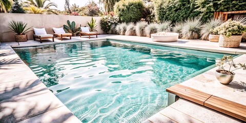 Tranquil Poolside Retreat. The space exudes a tranquil, resort-like atmosphere with its well-manicured landscape and inviting water, perfect for relaxation and outdoor entertainment.