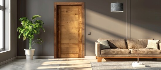 Modern living room interior with an opened wooden door